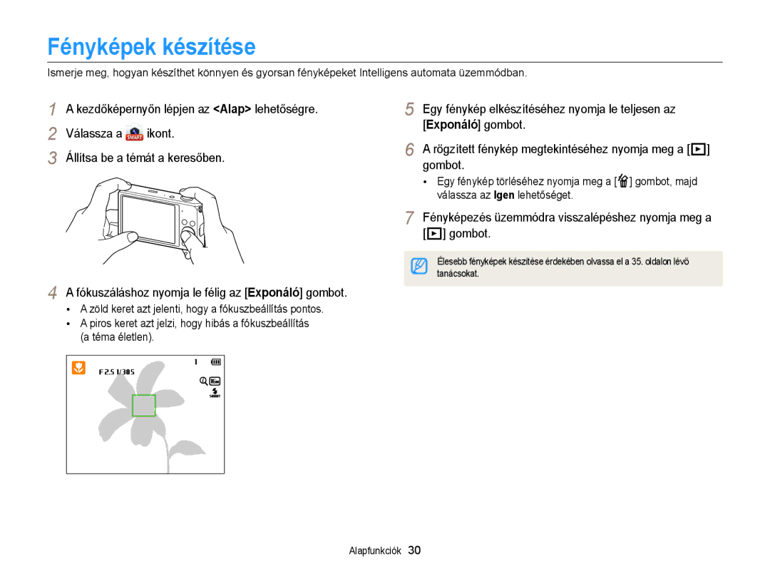 Samsung EC-DV300FBPBE2, EC-DV300FBPBE3 Fényképek készítése, Fényképezés üzemmódra visszalépéshez nyomja meg a P gombot 