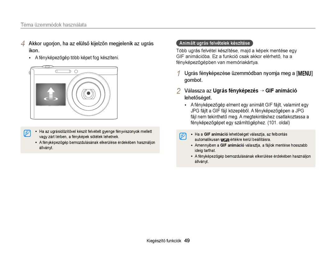 Samsung EC-DV300FBPUE2 manual Ugrás fényképezése üzemmódban nyomja meg a m gombot, Fényképezőgép több képet fog készíteni 