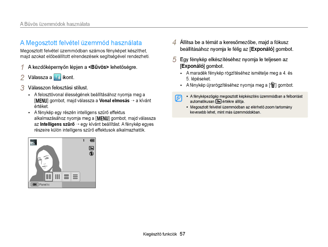 Samsung EC-DV300FBPUE2 manual Megosztott felvétel üzemmód használata, Válassza a Ikont Válasszon felosztási stílust 