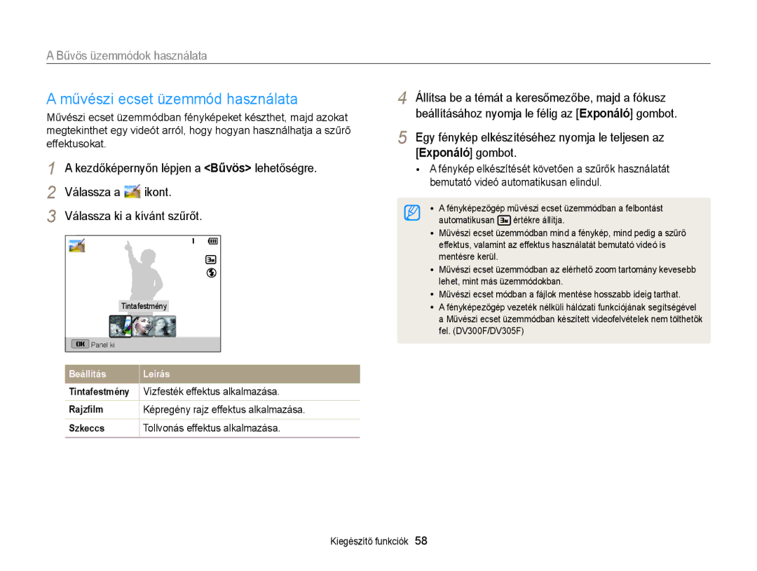 Samsung EC-DV300FBPBE2, EC-DV300FBPBE3 manual Művészi ecset üzemmód használata, Válassza a Ikont Válassza ki a kívánt szűrőt 