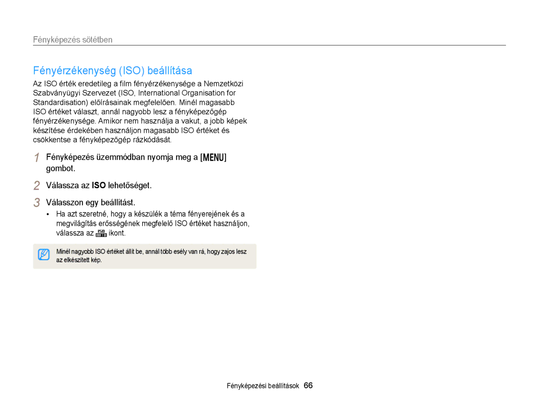 Samsung EC-DV300FBPBE2, EC-DV300FBPBE3, EC-DV300FBPRE3, EC-DV300FBPUE2 manual Fényérzékenység ISO beállítása 