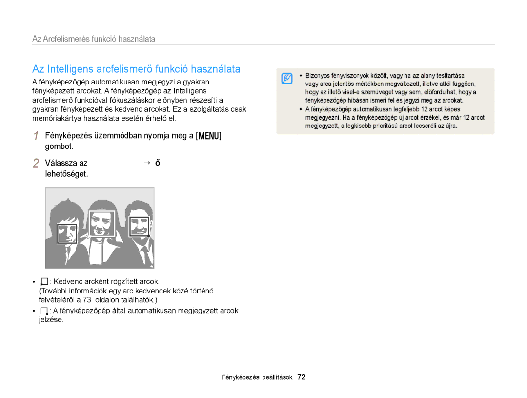 Samsung EC-DV300FBPRE3, EC-DV300FBPBE3, EC-DV300FBPUE2, EC-DV300FBPBE2 manual Az Intelligens arcfelismerő funkció használata 