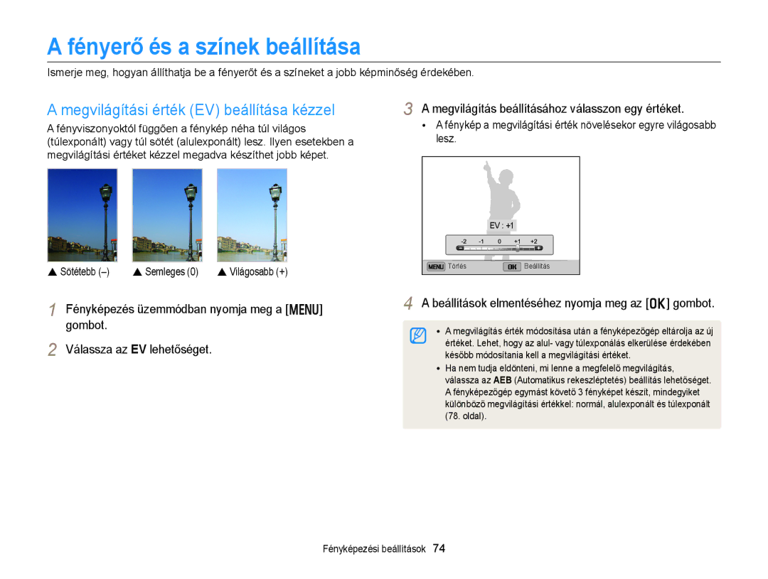 Samsung EC-DV300FBPBE2, EC-DV300FBPBE3 manual Fényerő és a színek beállítása, Megvilágítási érték EV beállítása kézzel 