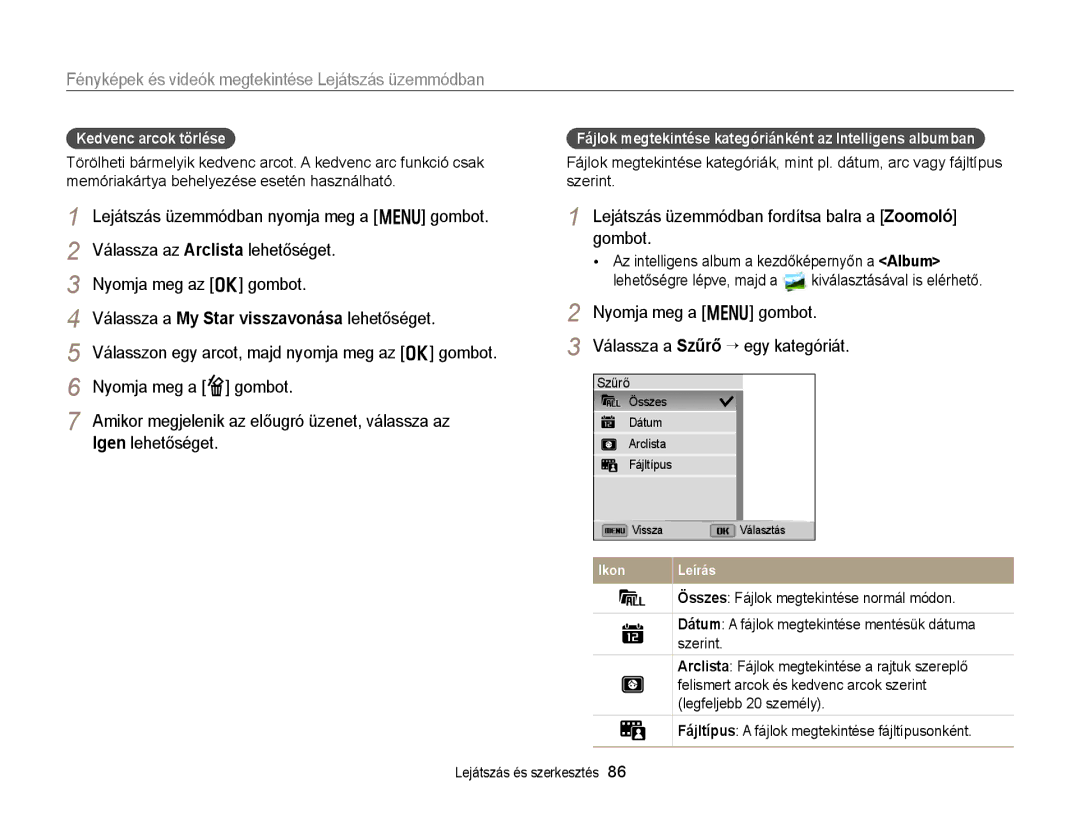 Samsung EC-DV300FBPBE2, EC-DV300FBPBE3 manual Lejátszás üzemmódban fordítsa balra a Zoomoló gombot, Kedvenc arcok törlése 