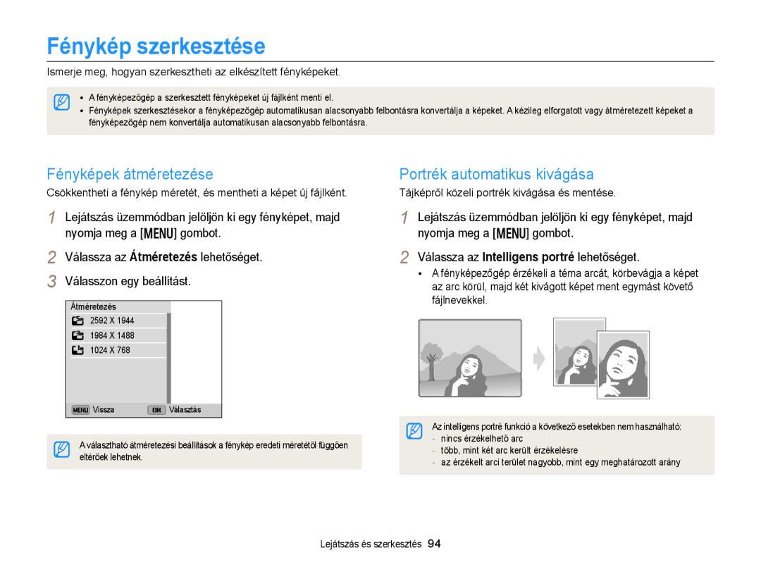 Samsung EC-DV300FBPBE2, EC-DV300FBPBE3 manual Fénykép szerkesztése, Fényképek átméretezése, Portrék automatikus kivágása 