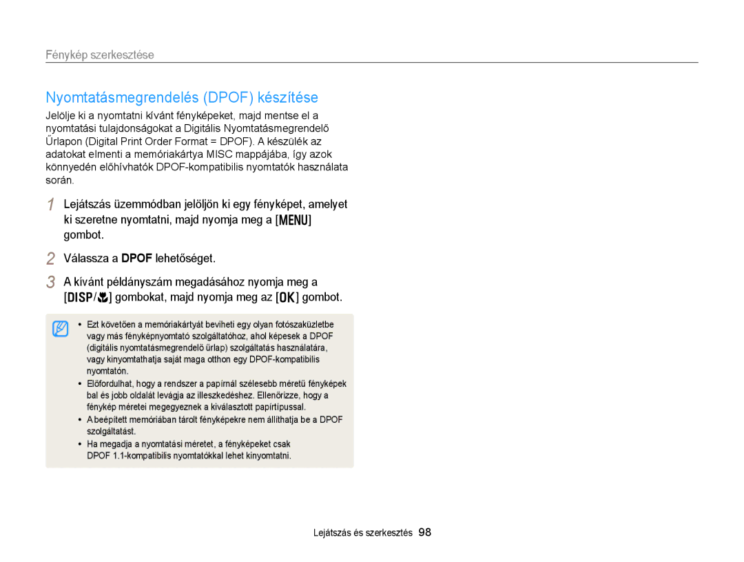 Samsung EC-DV300FBPBE2, EC-DV300FBPBE3 Nyomtatásmegrendelés Dpof készítése, Kívánt példányszám megadásához nyomja meg a 