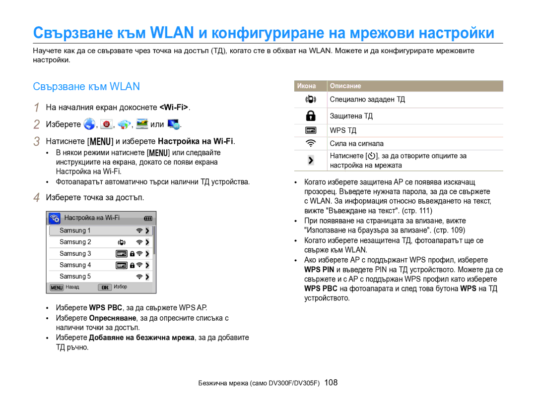 Samsung EC-DV300FBPRE3, EC-DV300FBPBE3 manual Свързване към Wlan, Изберете точка за достъп, Специално зададен ТД Защитена ТД 