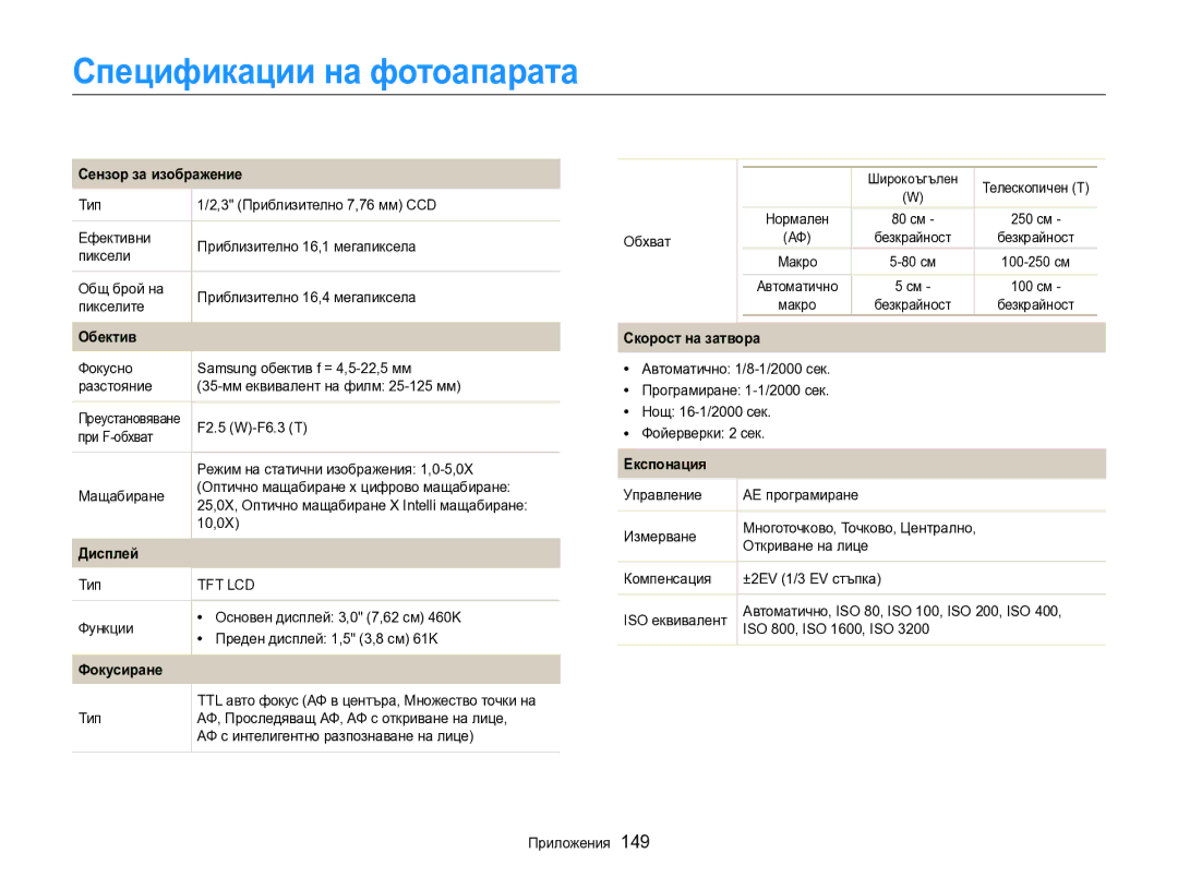 Samsung EC-DV300FBPBE3 Спецификации на фотоапарата, F2.5 W-F6.3 T, Тип, TTL авто фокус АФ в центъра, Множество точки на 