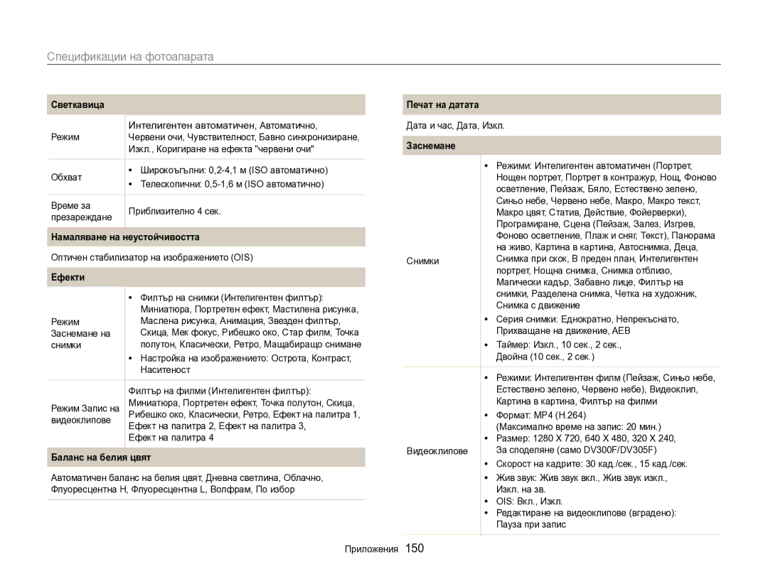 Samsung EC-DV300FBPRE3, EC-DV300FBPBE3 manual Спецификации на фотоапарата 