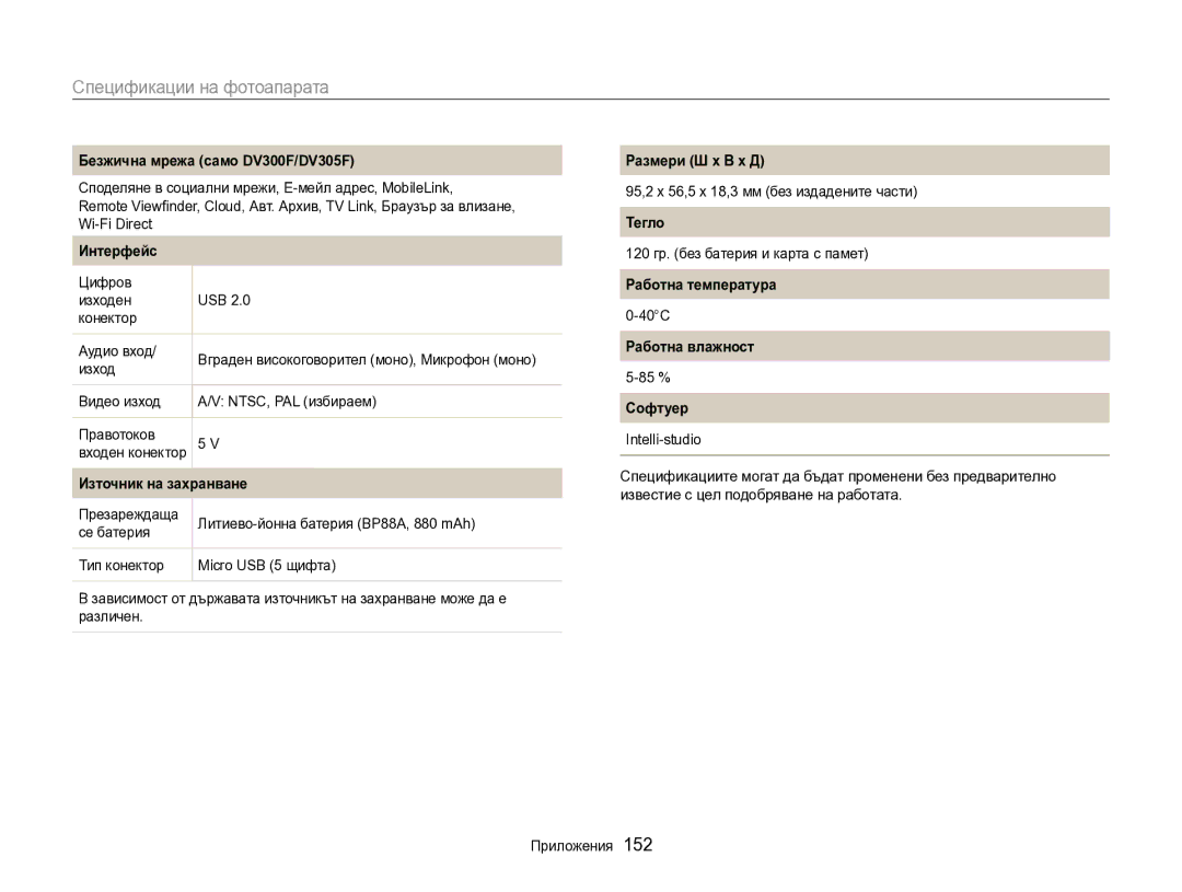 Samsung EC-DV300FBPRE3 manual 95,2 x 56,5 x 18,3 мм без издадените части, 120 гр. без батерия и карта с памет, 40C, 85 % 