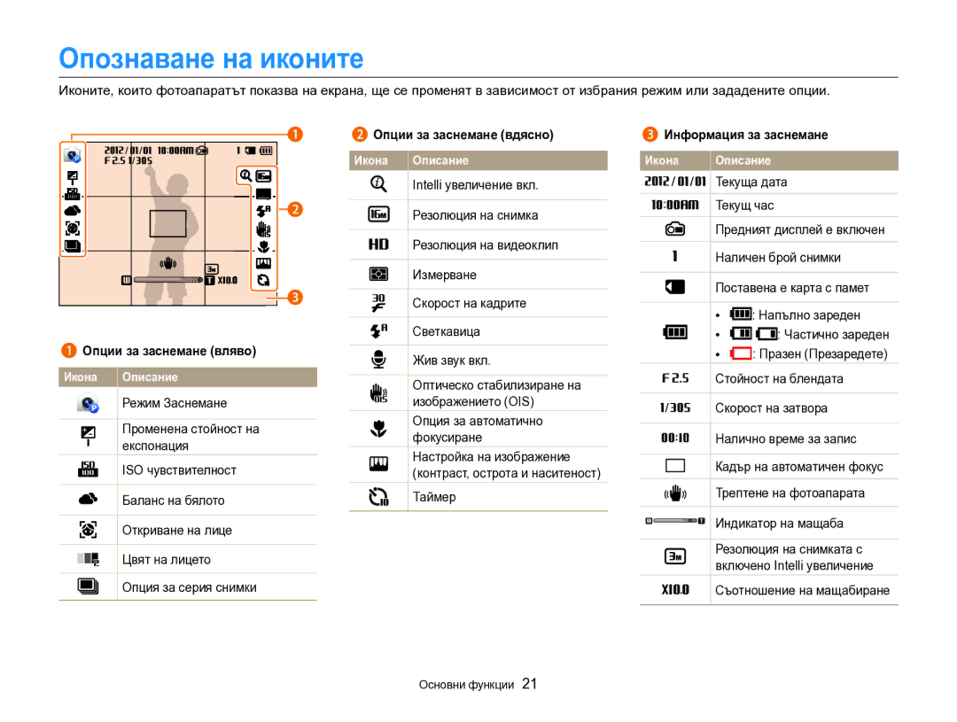 Samsung EC-DV300FBPBE3, EC-DV300FBPRE3 manual Опознаване на иконите, Опции за заснемане вдясно, Информация за заснемане 