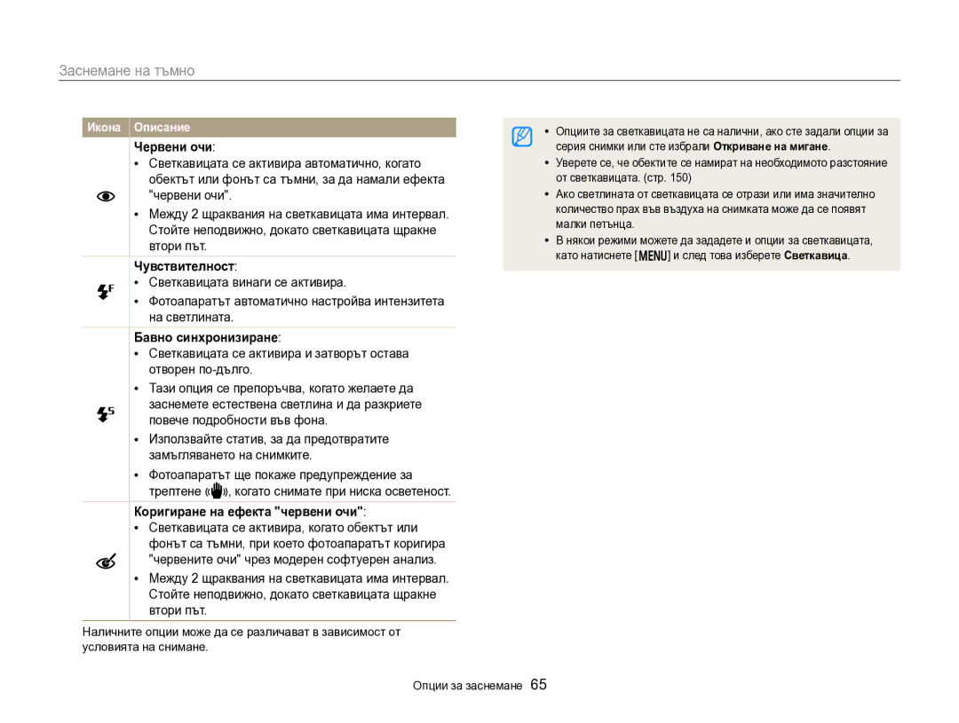 Samsung EC-DV300FBPBE3, EC-DV300FBPRE3 manual Заснемане на тъмно, Червени очи, Чувствителност, Бавно синхронизиране 