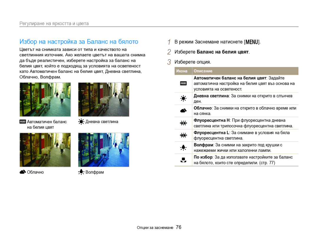 Samsung EC-DV300FBPRE3 manual Избор на настройка за Баланс на бялото, Изберете Баланс на белия цвят, Дневна светлина 