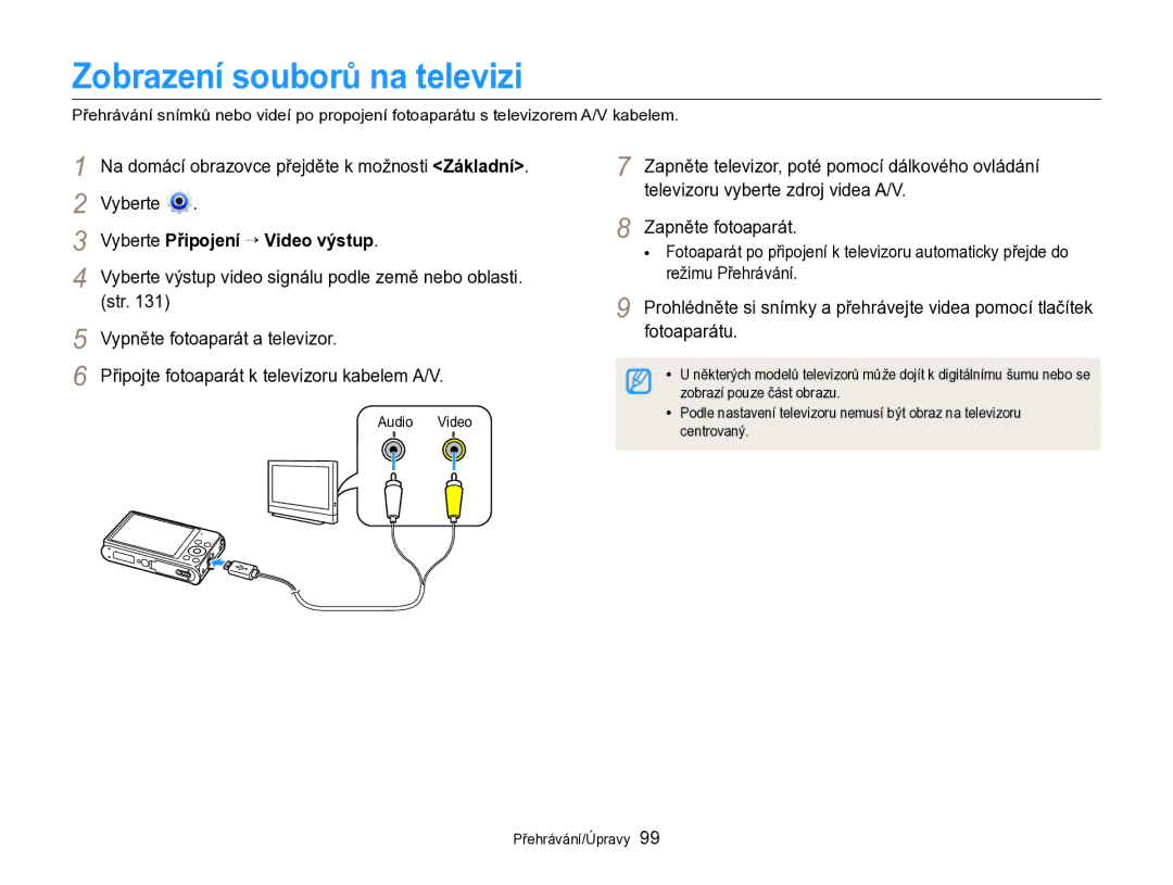 Samsung EC-DV300FBPBE3 manual Zobrazení souborů na televizi, Vyberte Připojení “ Video výstup 