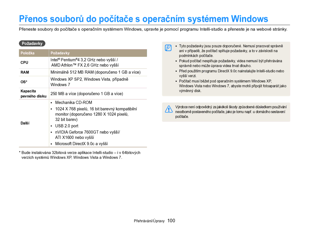 Samsung EC-DV300FBPBE3 manual Přenos souborů do počítače s operačním systémem Windows, Požadavky 