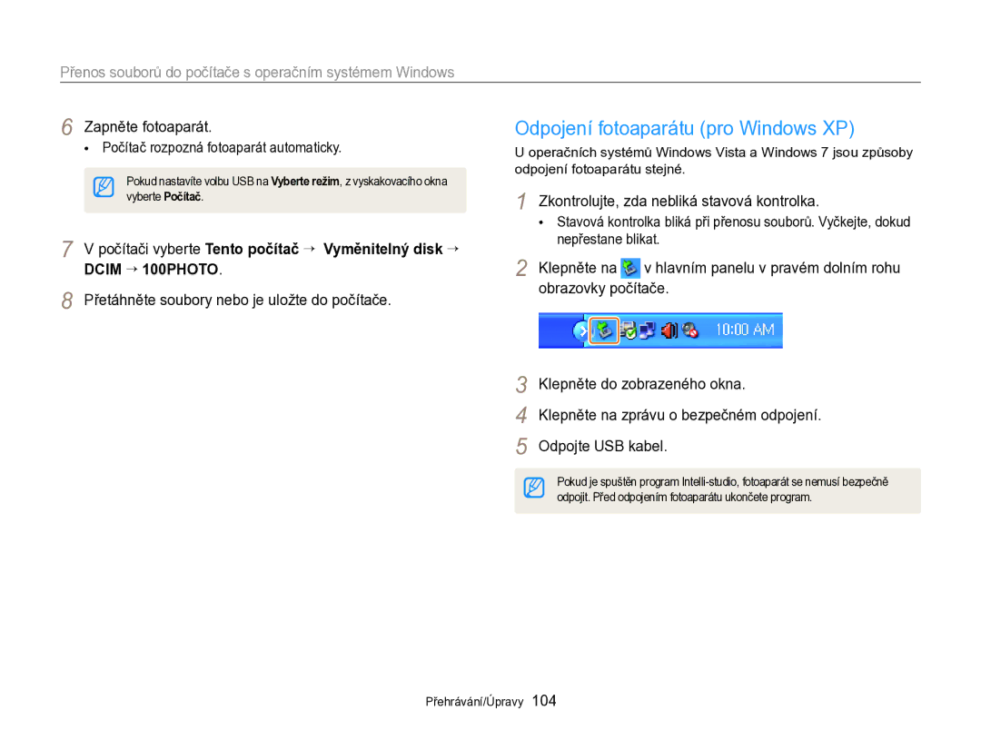 Samsung EC-DV300FBPBE3 manual Odpojení fotoaparátu pro Windows XP, Zkontrolujte, zda nebliká stavová kontrolka, Klepněte na 