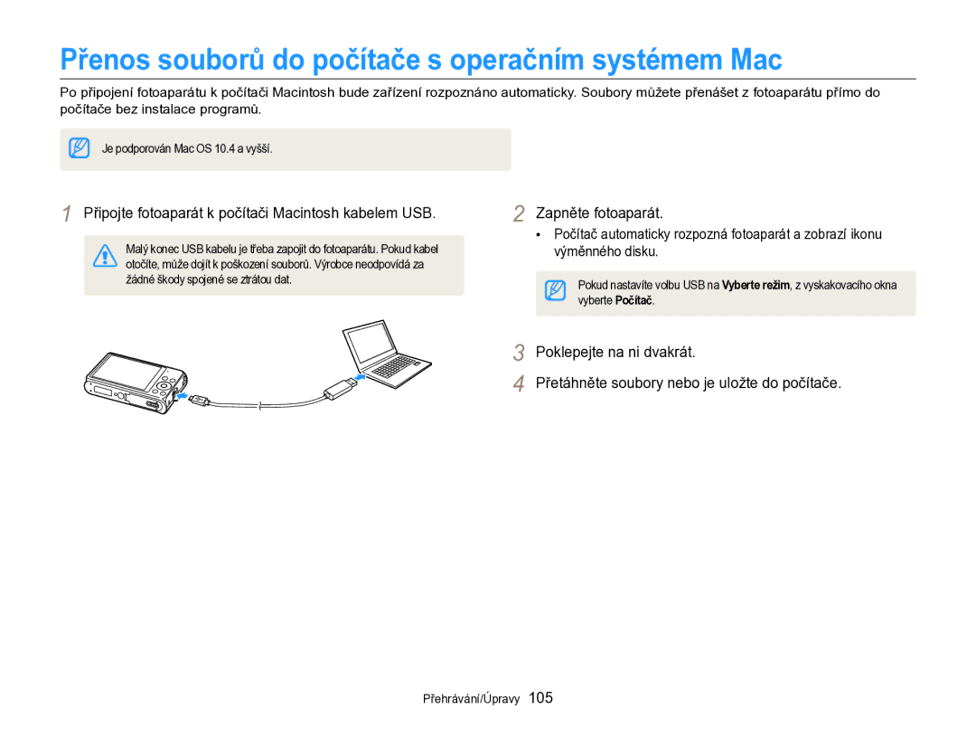 Samsung EC-DV300FBPBE3 manual Přenos souborů do počítače s operačním systémem Mac 