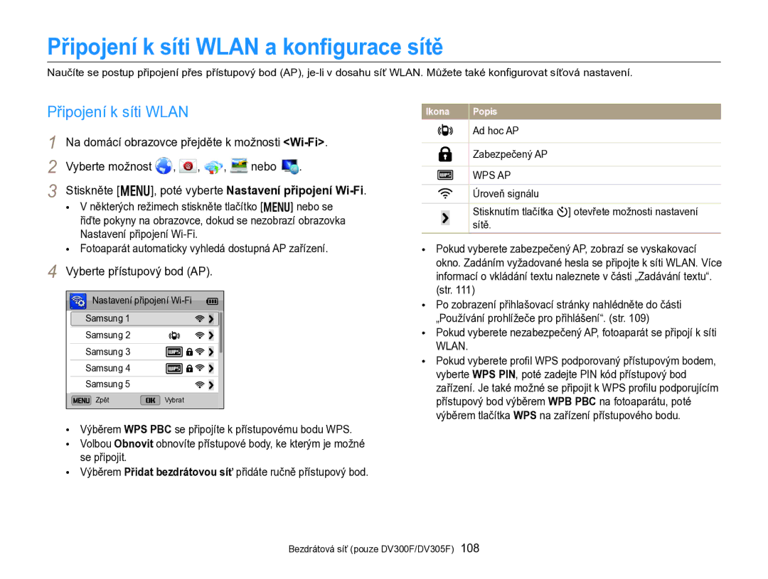 Samsung EC-DV300FBPBE3 manual Připojení k síti Wlan a konﬁgurace sítě, Na domácí obrazovce přejděte k možnosti Wi-Fi, Nebo 