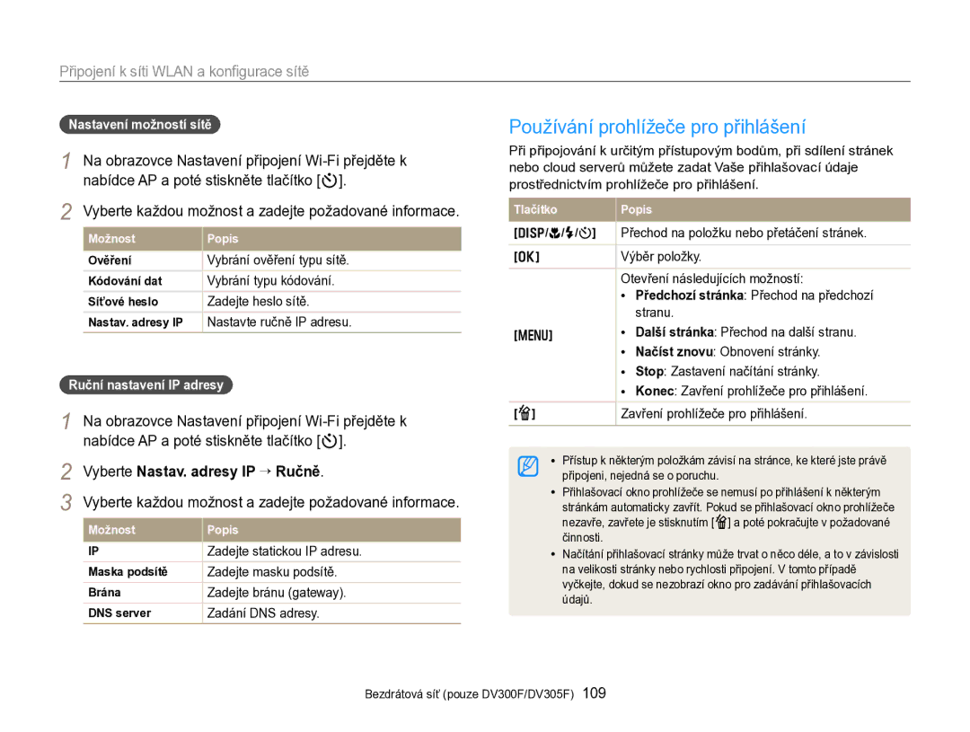 Samsung EC-DV300FBPBE3 manual Používání prohlížeče pro přihlášení, Připojení k síti Wlan a konﬁgurace sítě 