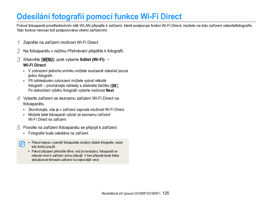 Samsung EC-DV300FBPBE3 manual Odesílání fotograﬁí pomocí funkce Wi-Fi Direct, Zapněte na zařízení možnost Wi-Fi Direct 