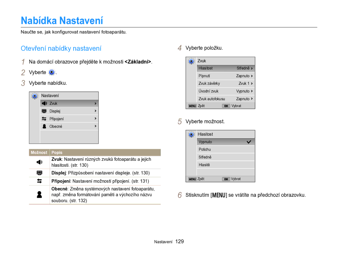 Samsung EC-DV300FBPBE3 manual Nabídka Nastavení, Otevření nabídky nastavení, Vyberte položku 