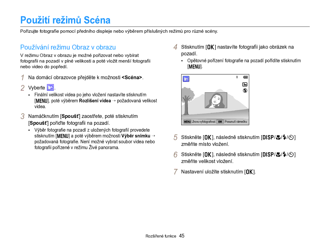 Samsung EC-DV300FBPBE3 manual Použití režimů Scéna, Používání režimu Obraz v obrazu 