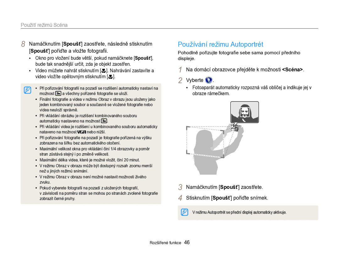 Samsung EC-DV300FBPBE3 manual Používání režimu Autoportrét, Použití režimů Scéna 