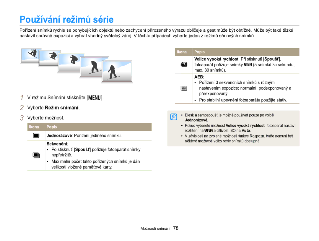 Samsung EC-DV300FBPBE3 manual Používání režimů série, Režimu Snímání stiskněte m Vyberte možnost, Sekvenční 