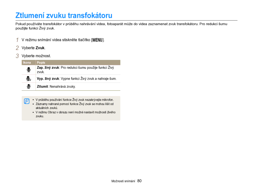 Samsung EC-DV300FBPBE3 manual Ztlumení zvuku transfokátoru 