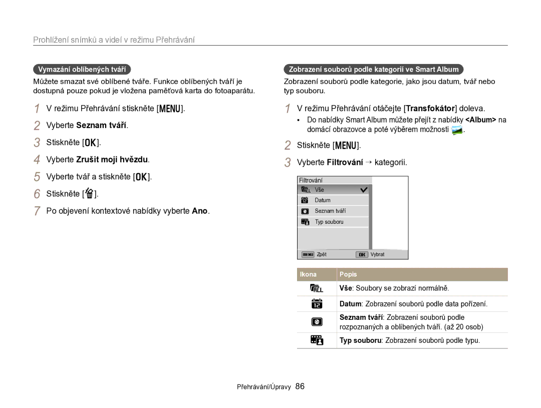 Samsung EC-DV300FBPBE3 manual Režimu Přehrávání stiskněte m, Vyberte Seznam tváří, Vyberte Zrušit moji hvězdu 