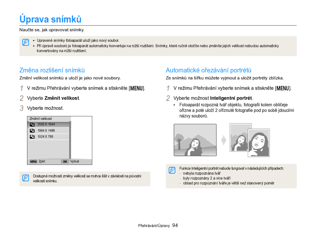 Samsung EC-DV300FBPBE3 manual Změna rozlišení snímků Automatické ořezávání portrétů, Naučte se, jak upravovat snímky 