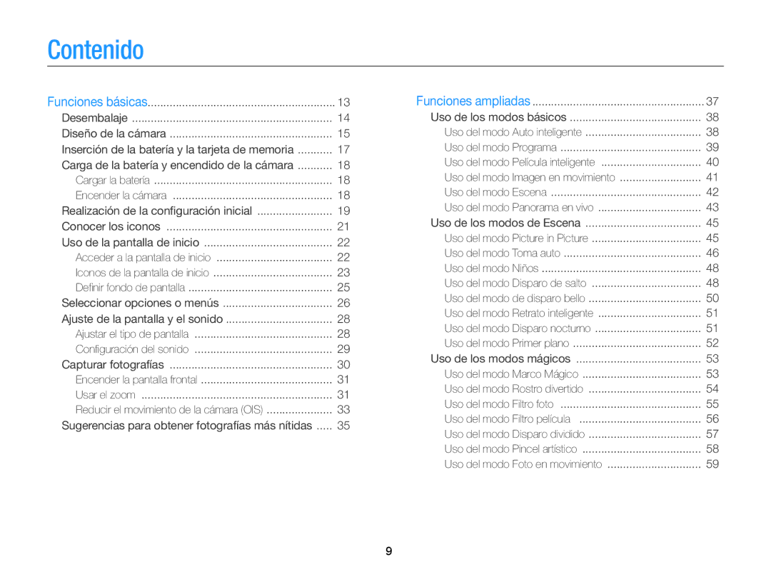 Samsung EC-DV300FBPUIL, EC-DV300FBPRE1, EC-DV300FBPBE1 manual Contenido, Carga de la batería y encendido de la cámara 