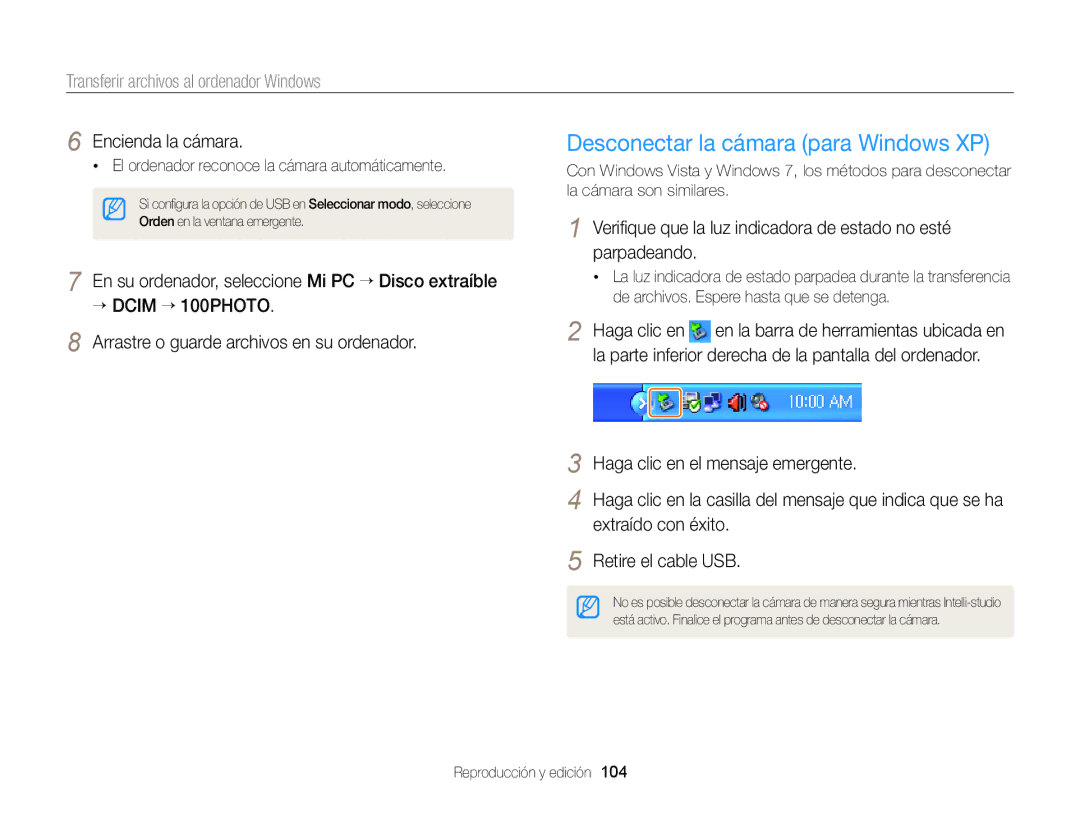 Samsung EC-DV300FBPRE1 Desconectar la cámara para Windows XP, Haga clic en el mensaje emergente, Extraído con éxito 