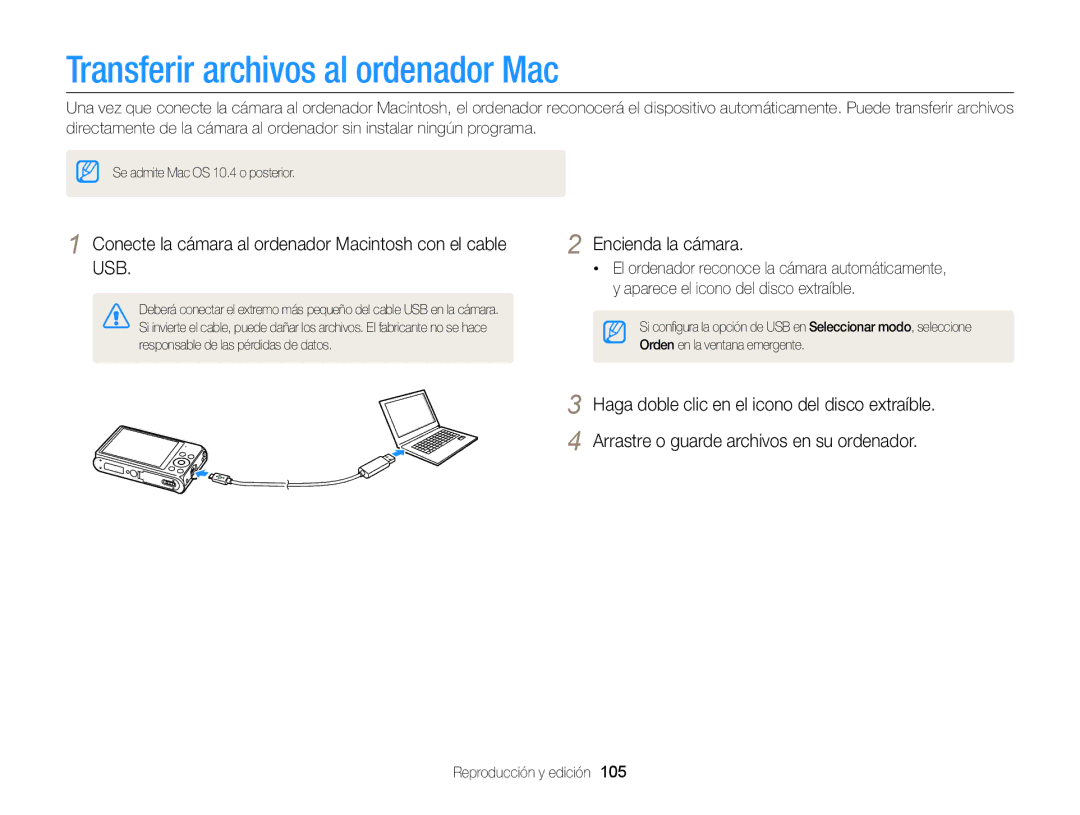 Samsung EC-DV300FBPBE1 Transferir archivos al ordenador Mac, Conecte la cámara al ordenador Macintosh con el cable USB 