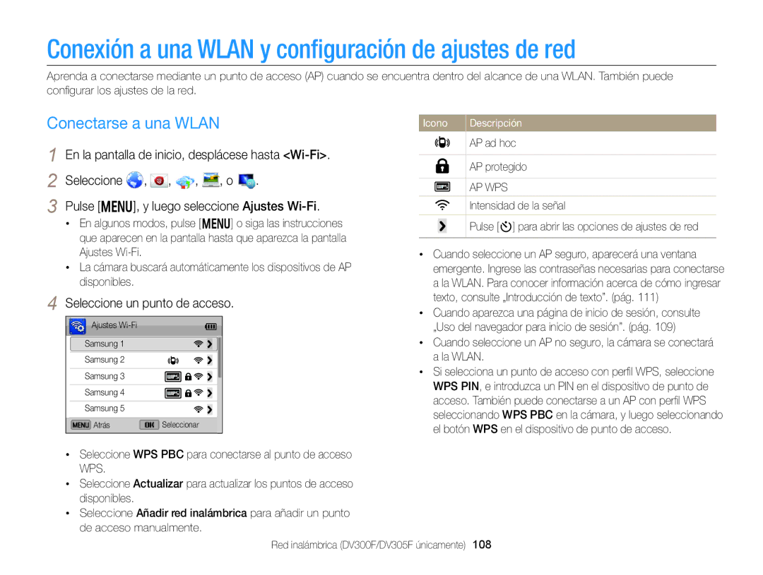 Samsung EC-DV300FBPRIL, EC-DV300FBPRE1 manual Conexión a una Wlan y conﬁguración de ajustes de red, Conectarse a una Wlan 