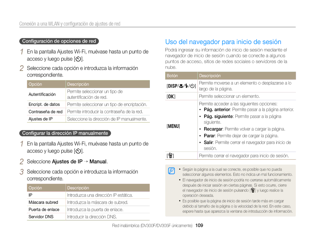 Samsung EC-DV300FBPBAE manual Uso del navegador para inicio de sesión, Conexión a una Wlan y conﬁguración de ajustes de red 