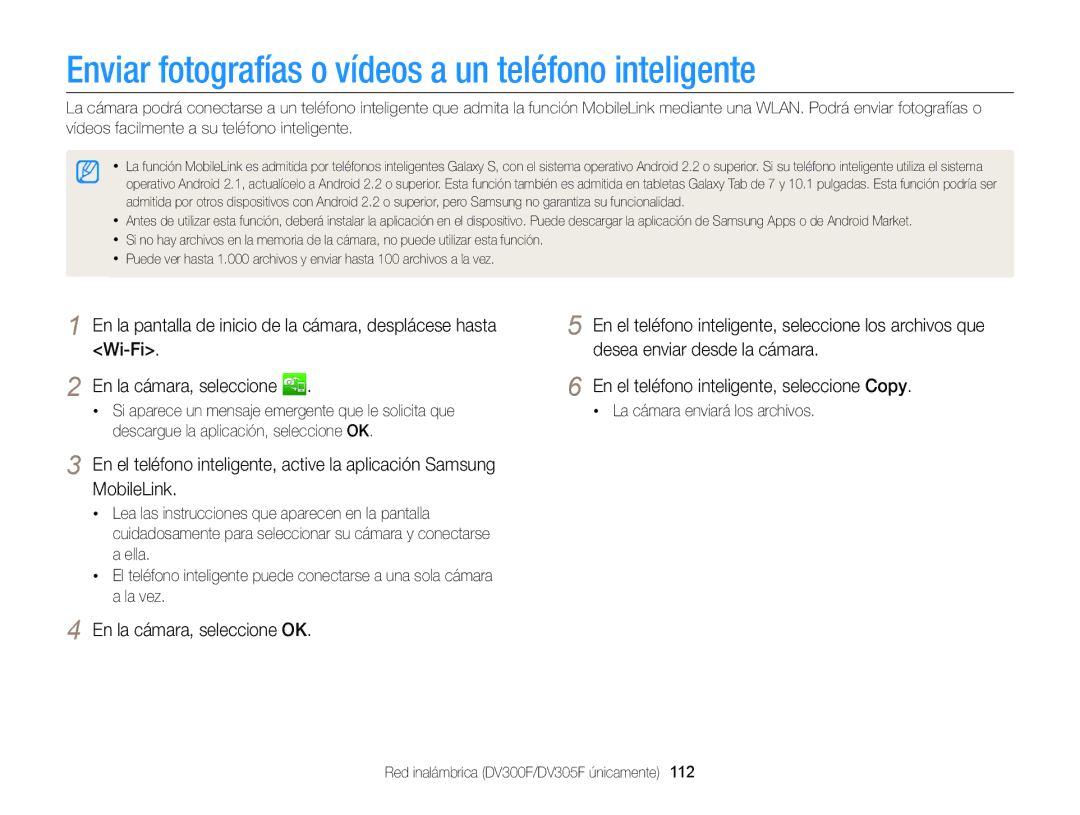 Samsung EC-DV300FBPBE1 manual Enviar fotografías o vídeos a un teléfono inteligente, La cámara enviará los archivos 