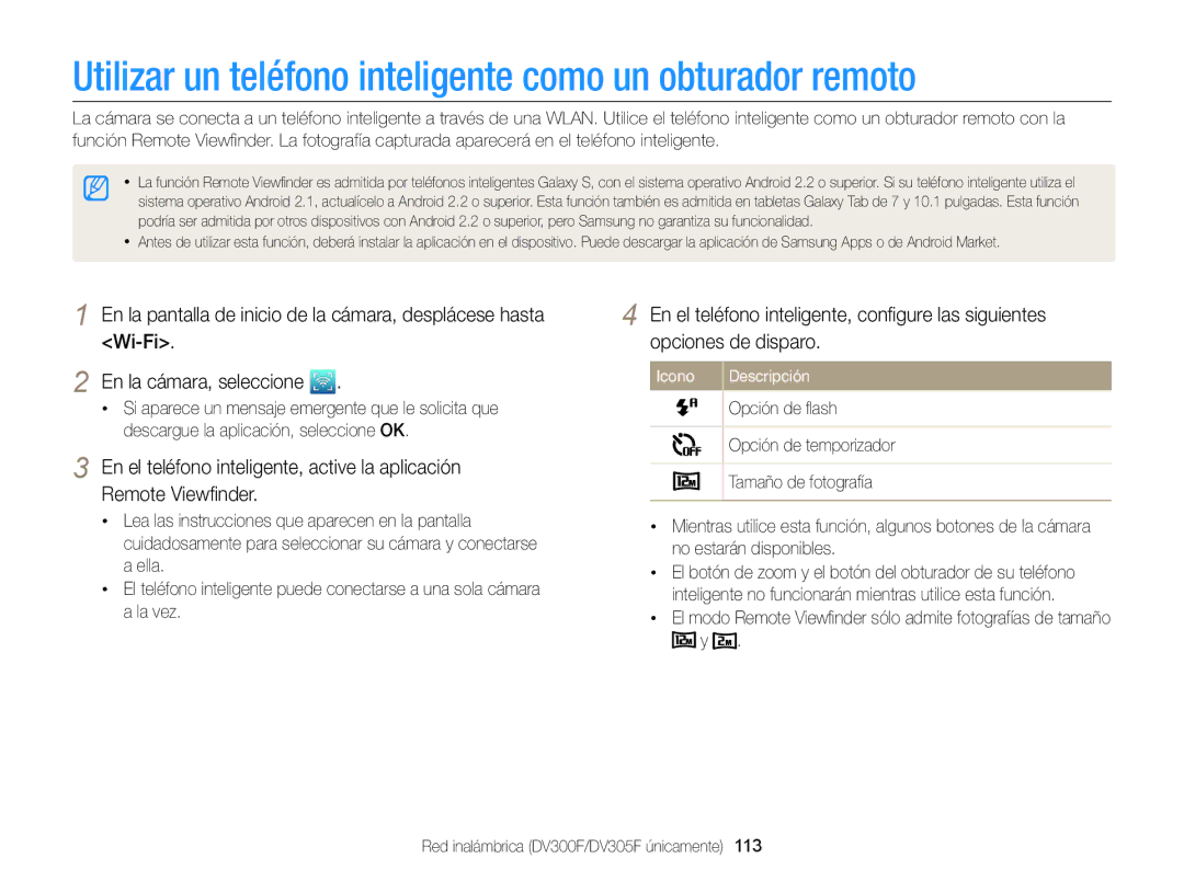 Samsung EC-DV300FBPUE1 Utilizar un teléfono inteligente como un obturador remoto, Opción de ﬂash, Opción de temporizador 