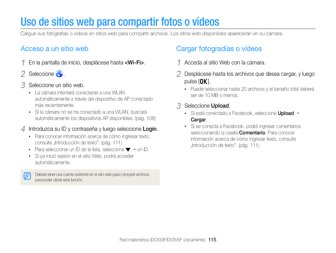 Samsung EC-DV300FBPRIL Uso de sitios web para compartir fotos o vídeos, Acceso a un sitio web, Cargar fotogradías o vídeos 