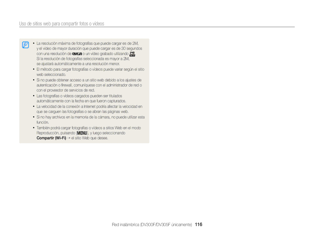 Samsung EC-DV300FBPBAE, EC-DV300FBPRE1, EC-DV300FBPBE1, EC-DV300FBPUE1 manual Uso de sitios web para compartir fotos o vídeos 