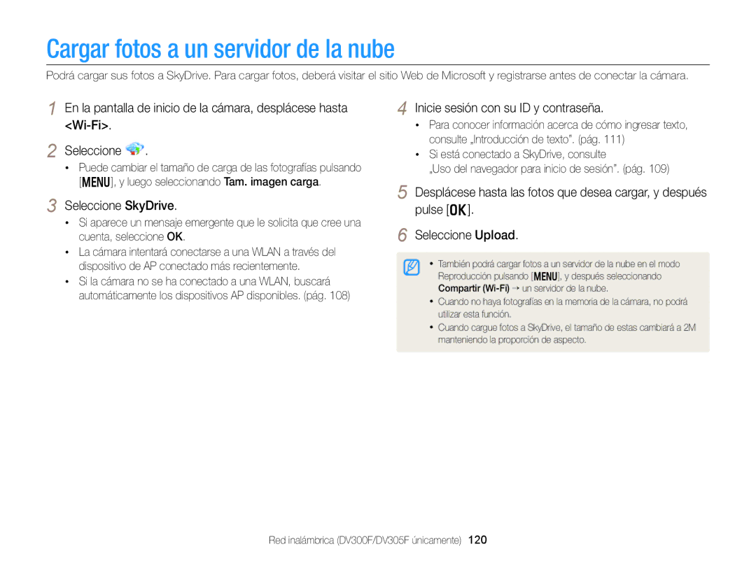 Samsung EC-DV300FBPUE1 Cargar fotos a un servidor de la nube, Seleccione SkyDrive, Inicie sesión con su ID y contraseña 