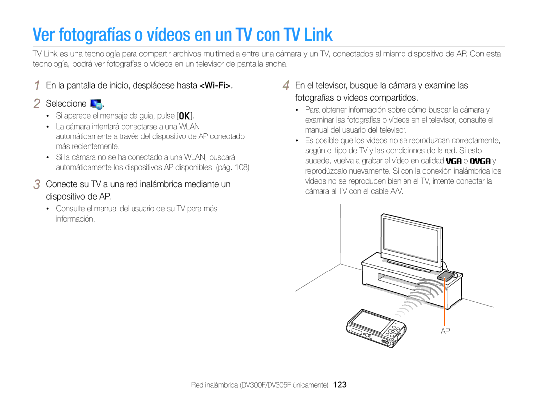 Samsung EC-DV300FBPBAE, EC-DV300FBPRE1, EC-DV300FBPBE1, EC-DV300FBPUE1 manual Ver fotografías o vídeos en un TV con TV Link 