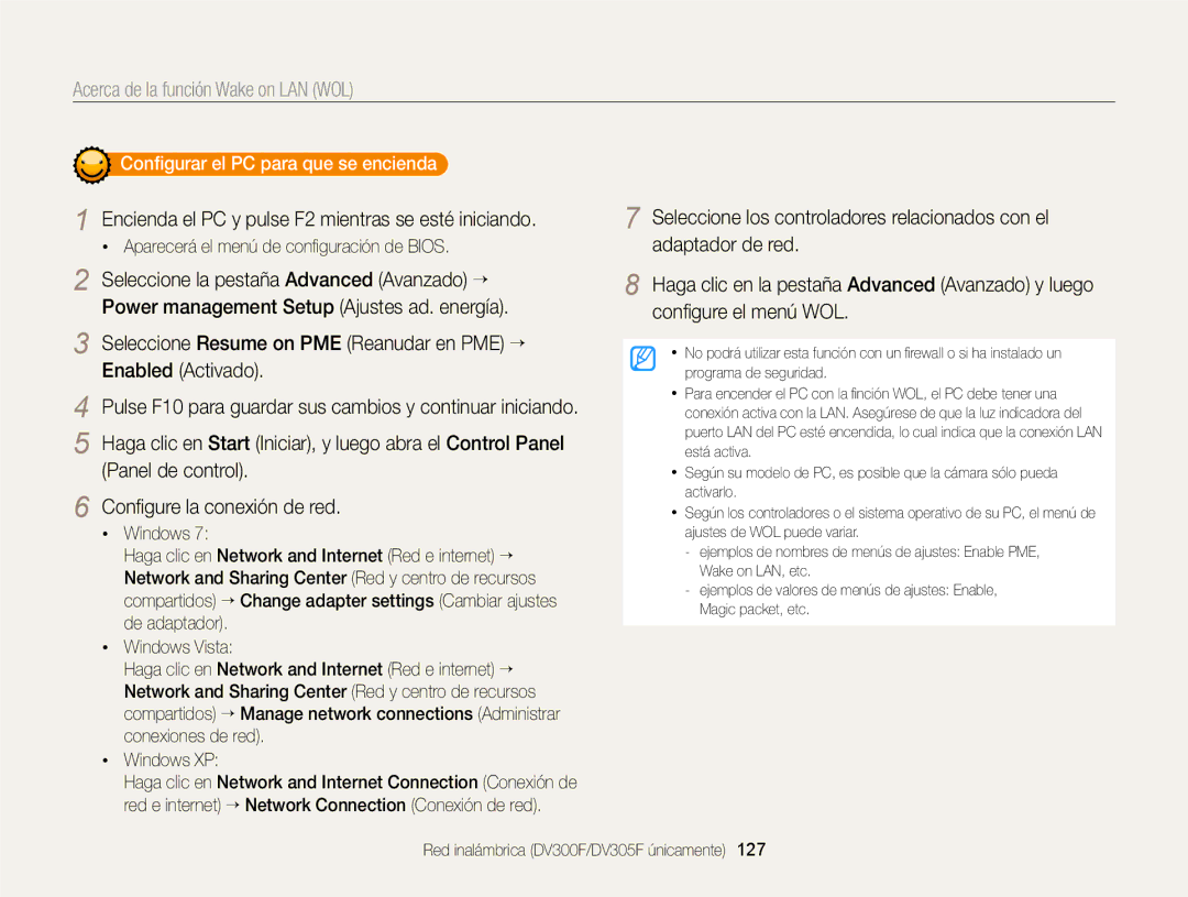 Samsung EC-DV300FBPUE1 manual Acerca de la función Wake on LAN WOL, Encienda el PC y pulse F2 mientras se esté iniciando 