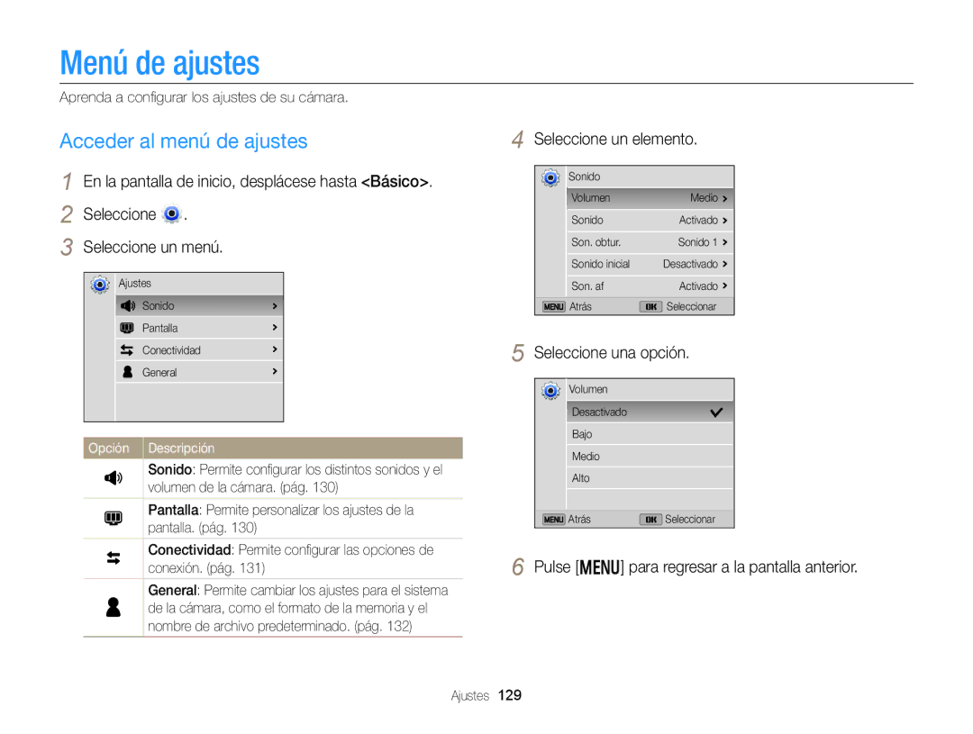 Samsung EC-DV300FBPRIL, EC-DV300FBPRE1, EC-DV300FBPBE1 Menú de ajustes, Acceder al menú de ajustes, Seleccione un elemento 