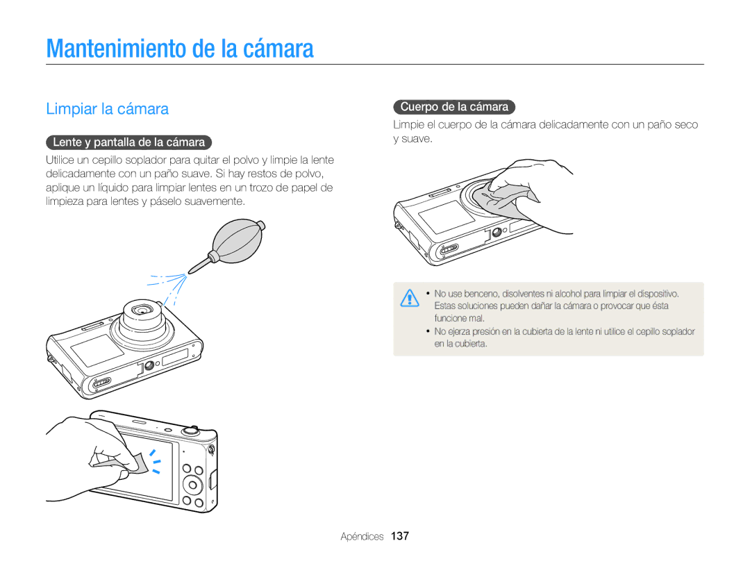 Samsung EC-DV300FBPBAE Mantenimiento de la cámara, Limpiar la cámara, Lente y pantalla de la cámara, Cuerpo de la cámara 