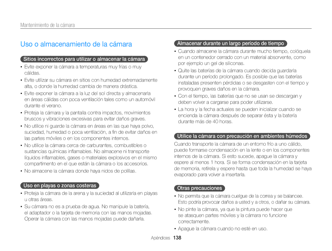 Samsung EC-DV300FBPBIL, EC-DV300FBPRE1, EC-DV300FBPBE1 manual Uso o almacenamiento de la cámara, Mantenimiento de la cámara 