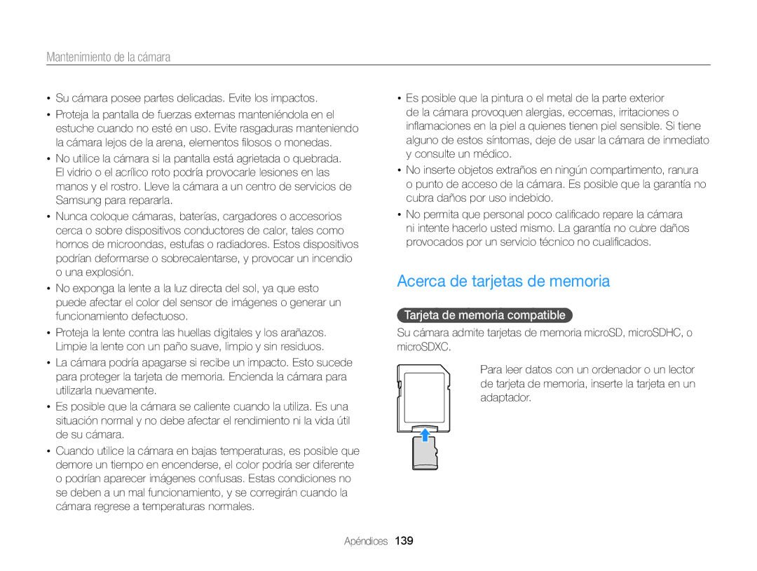 Samsung EC-DV300FBPRE1, EC-DV300FBPBE1, EC-DV300FBPUE1 manual Acerca de tarjetas de memoria, Tarjeta de memoria compatible 