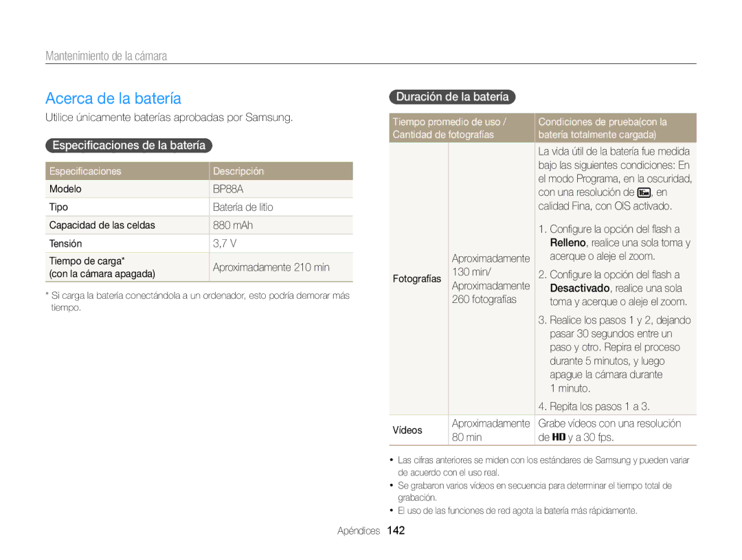 Samsung EC-DV300FBPUIL, EC-DV300FBPRE1 manual Acerca de la batería, Especiﬁcaciones de la batería, Duración de la batería 