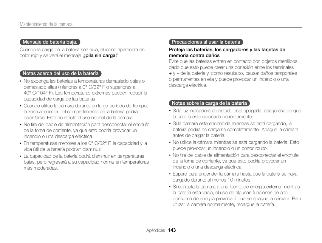 Samsung EC-DV300FBPRIL manual Mensaje de batería baja, Notas acerca del uso de la batería, Precauciones al usar la batería 