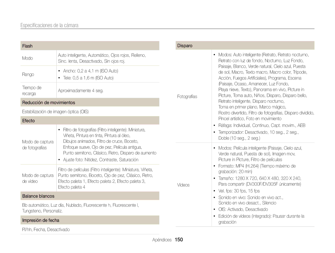 Samsung EC-DV300FBPRIL, EC-DV300FBPRE1, EC-DV300FBPBE1, EC-DV300FBPUE1, EC-DV300FBPUIL manual Especiﬁcaciones de la cámara 
